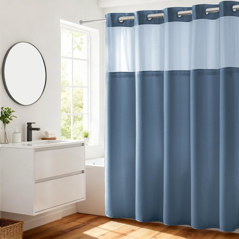 River Dream Blue Shower Curtain No Hooks Required Dotted Waffle Weave Shower Curtain with Snap in Liner - 71W x 74H,Hotel Grade,Spa Like Bath Curtain,Moonlight Blue - Image 1
